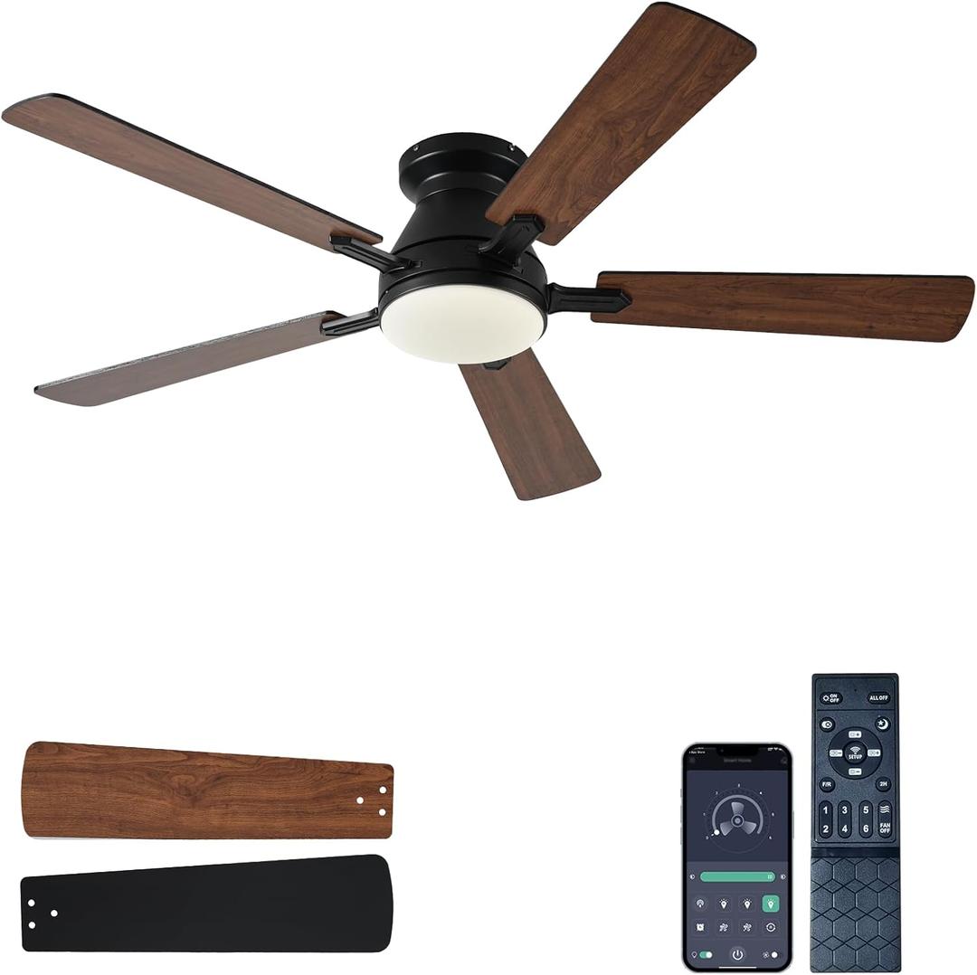 Ayaoty 54 inch Ceiling Fans with Lights and Remote, Low Profile Ceiling Fan with Light, Flush Mount, Reversible, 3CCT, Dimmable, Noiseless, Brown Ceiling Fan for Bedroom, Indoor/Outdoor Use