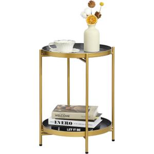 2-Tier Round End Side Table, Small Metal Side Table with Removable Tray, Folding Accent Tables for Living Room, Balcony, Nightstand for Bedroom, Outdoor Tables for Patio, Gold&Grey