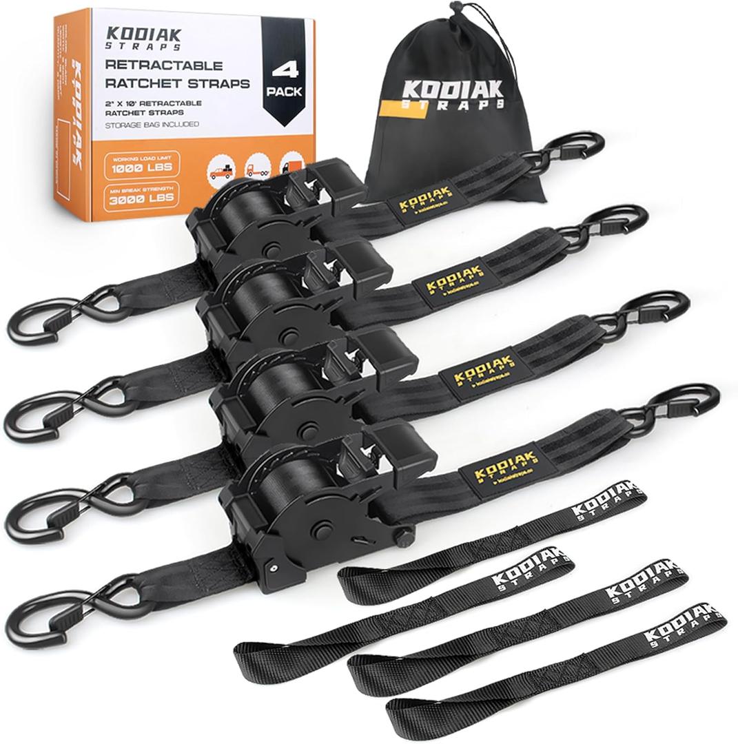 Retractable Ratchet Straps 2" x 10ft, 3,000lb Break Strength, Heavy Duty Easy Release Tie Down for Trucks, Trailers, Motorcycles, ATVs, Secure Cargo KODIAK STRAPS (Black, 4Pack)