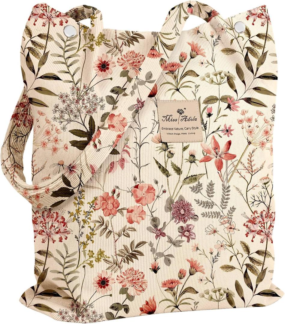 Corduroy Tote Bag for Women - Reusable Totes with Pocket & Buckle Cute Aesthetic Shoulder Bag for Work Travel