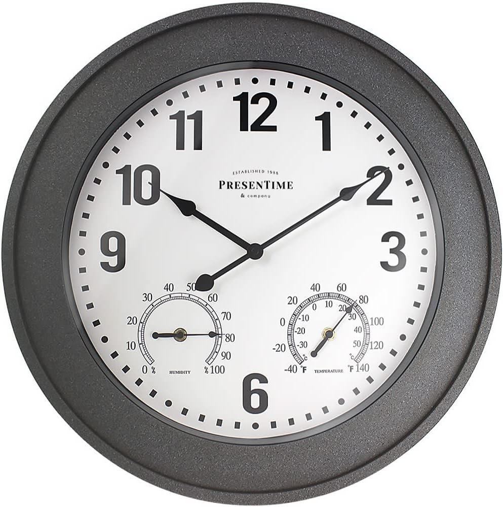 Presentime & Co. 20" Bradford in/Outdoor Farmhouse Clock with Weather Thermometer & Hygrometer, Weather Station, Farmhouse Wall Art and Timepiece for Farmhouse Decoration, Faux Gray Stone Finish