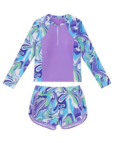 Girls Bathing Suits Size 11-12 Teen Swimsuits Purple Zipper Long Sleeve Beach Swimwear 2 Piece Tankini Swim Suit Set