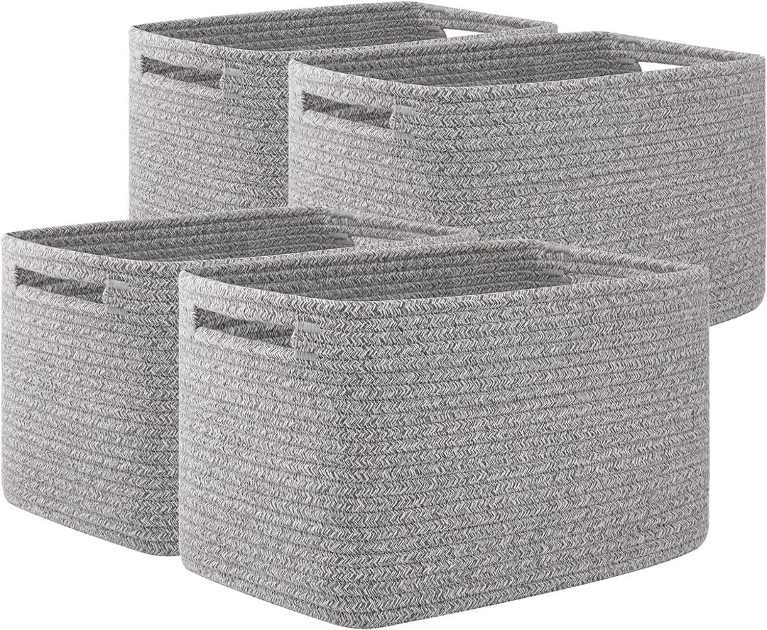 OIAHOMY 4 Pack Storage Baskets for Organizing, Cube Storage Bins for Shelves, Rectangle Storage Baskets With Handles, Woven Baskets for Storage, 16''Lx12''Wx8''H, Grey