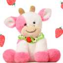 Hopearl Adorable Plush Cow Toy with Knitted Cute Strawberry Bib Floppy Dairy Cattle Soft Stuffed Animal Gifts for Boys Girls Kids Toddlers, Pink, 9''