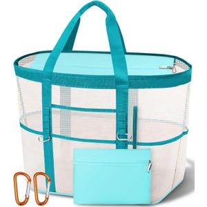 2026 Stylish & Spacious XX-Large Beach Bag for Women Mesh Canvas Tote with Top Zipper, 11 Tall Pockets | 40L+ Spacious