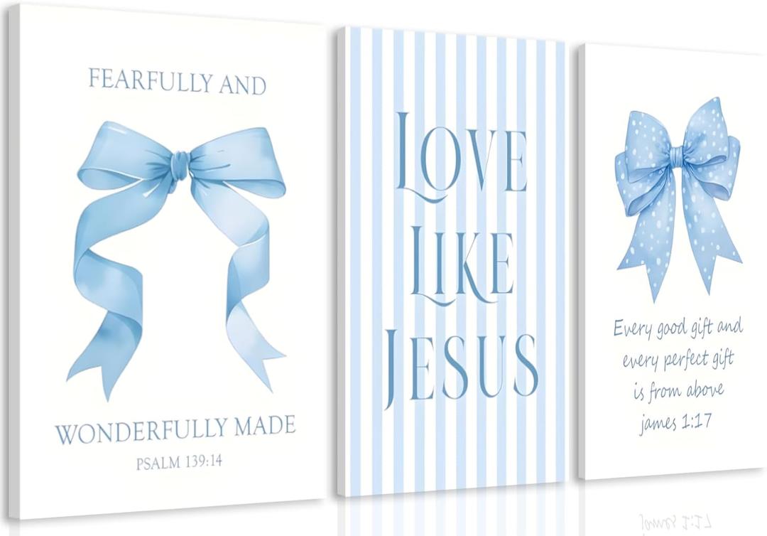 Blue Bow Jesus Canvas Wall Art Decor, Light Blue Coquette Dorm Room Wall Decor Paintings, Inspirational Bible Verses Posters Prints Pictures for Girls Dorm Room, Bedroom, Bathroom 12x16 Inch Framed (16Lx12W), Set of 3