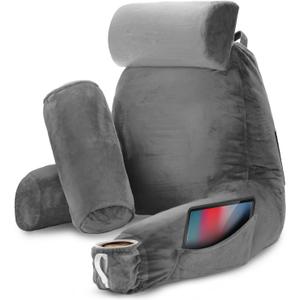 Nestl Reading Pillow with Shredded Memory Foam Includes 2 Neck and Lumber Support Pillows, Designed for Sitting Up in Bed and Couch, Back and Arms Adjustable Support for Adult & Teens, Dark Grey