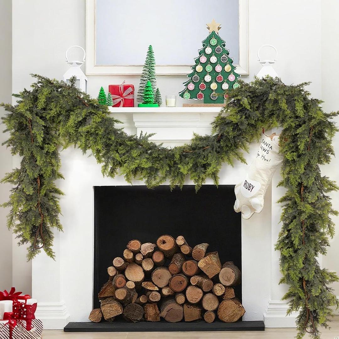 Realistic Christmas Cedar Garland 9 Ft, Real Touch Faux Christmas Cypress Garland Green Thick and Lush Artificial Cedar Pine Greenery for Mantle, Stairs, Fireplace, Indoor & Outdoor Decor