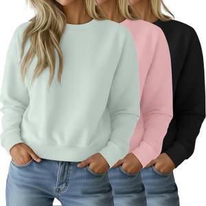 Ficerd 3 Pack Women's Cropped Sweatshirts Long Sleeve Cotton Crew Neck Pullover Tops Casual Solid Sweat Shirts (Medium, Black, Soft Pink, Light Green)