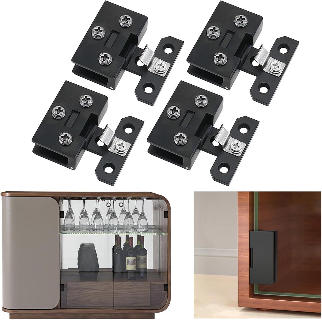 AWEN 4Pcs Glass Doors Hinge Cupboard Showcase Wine Cabinet Clamp Ambry Gate Hinges Replacement Parts, Black
