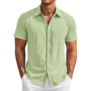 Runcati Mens Button Down Linen Shirt Short Sleeve Summer Beach Wedding Tops (Green, M)