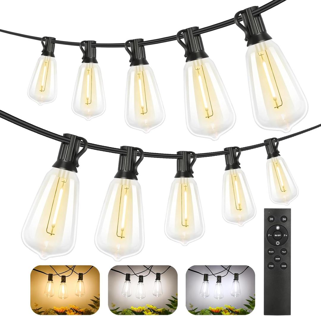 Brightever 200FT Outdoor String Lights with Remote, 2700K/4000K/5000K Selectable LED String Lights for Outside with 100+4 ST38 Edison Bulbs, 3 Modes Dimmable Patio Lights Waterproof for Camping, Deck (Black Wire)