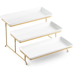 LYEOBOH 3 Tier Serving Stand and Platters Set Large Tiered Serving Platters with Collapsible Sturdier Rack 14 Inches Tiered Serving Tray for Appetizer Fruit, Dessert and Cupcake, White (Gold)
