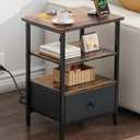 Side Table with Charging Station, Nightstand with Adjustable Fabric Drawer, Bedside Table for Bedrooms, Living Rooms & Home Decor (Brown Black)