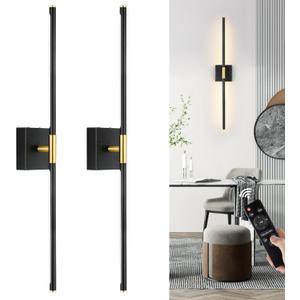 Morauroral Battery Operated Wall Sconces Set of 2, Dimmable 3 Color Battery Wall Sconce with Remote, Black Gold LED Rechargeable Sconces, 24 Inch Modern Wireless Wall Lights for Bedroom, Living Room