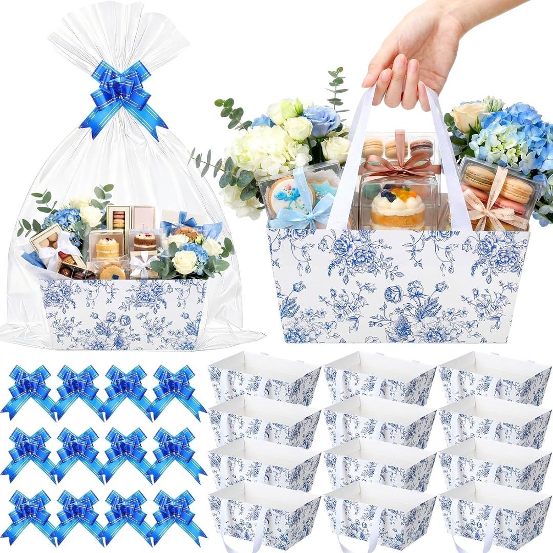 Funnymoom 12 Pcs Blue Floral Gift Baskets Empty with Cellophane Bags and Ribbon Bows, Paper Party Favor Baskets for Garden Party, Baby Shower, Spring Picnic, Birthday, 9.8 x 6.5 Inch
