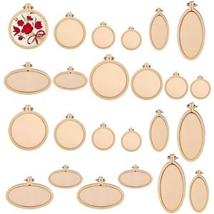 Framendino, 24 Pack Mini Embroidery Hoop Wooden Round Oval Crossing Stitch Wood Hoops Display Frame Circle for DIY Crafts Hanging Ornament (8 Styles)