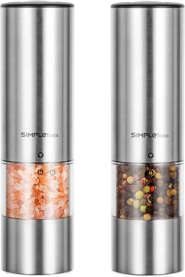 SIMPLETASTE Electric Salt and Pepper Grinder Set, Automatic One Handed,Stainless Grinders with Lights and Adjustable Coarseness,Battery Operated (Set of two, Silver)