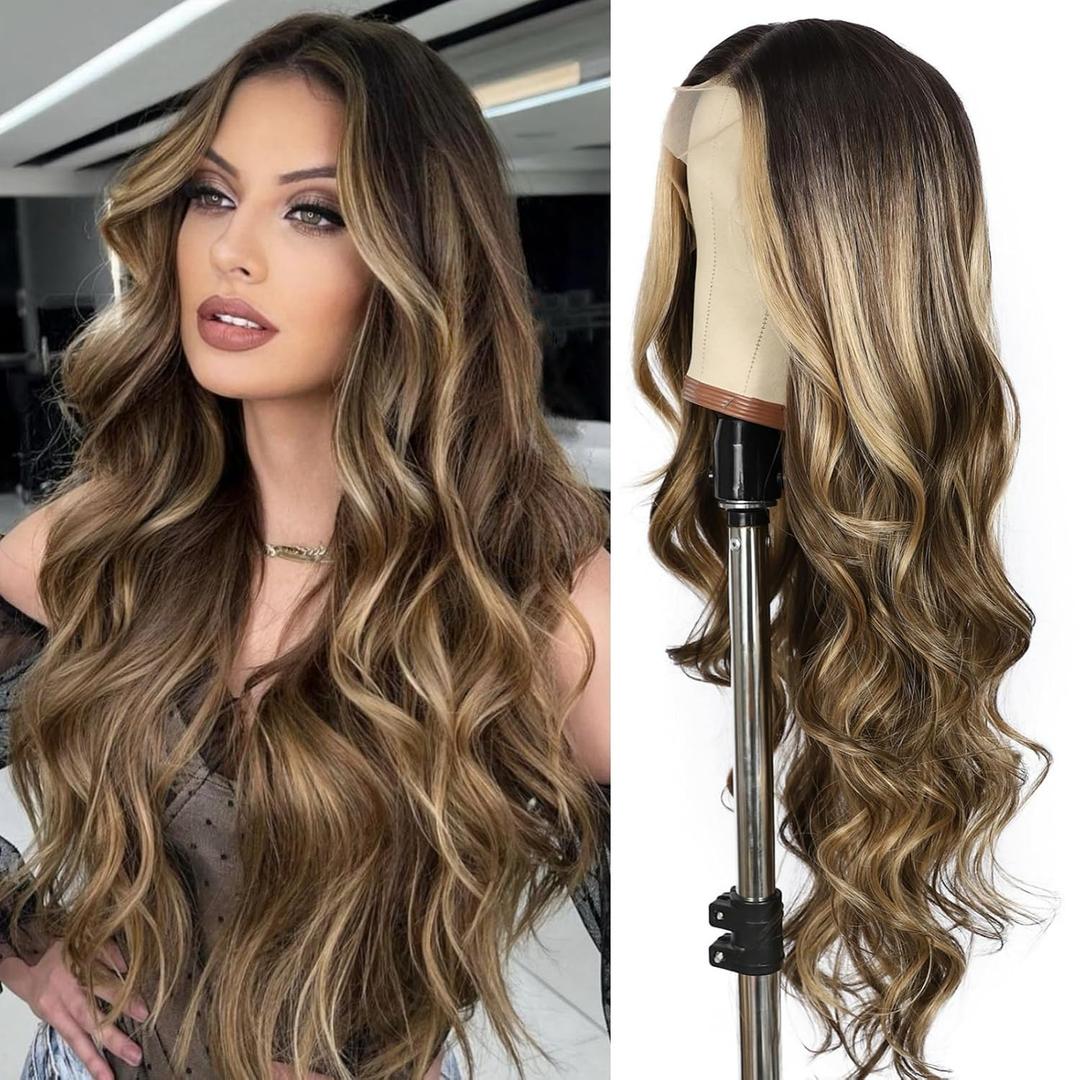 SAPPHIREWIGS Body Wave Lace Front Wigs Brown Mix Blonde Glueless Natural Wave 134 Lace Wig Synthetic Heat Resistant Fiber Hair Pre Plucked With Baby Hair For Women 26 Inch