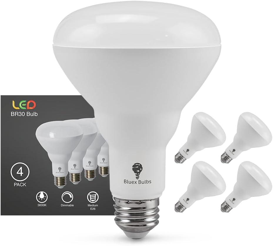 Bluex Bulbs 4 Pack 16W BR30 HO High Power LED Indoor Flood Light Bulbs - 3000K Warm White Dimmable 1600 Lumens E26 120W Equivalent Base Recessed Can Lights - R30 Home Kitchen Spot Ceiling Lights