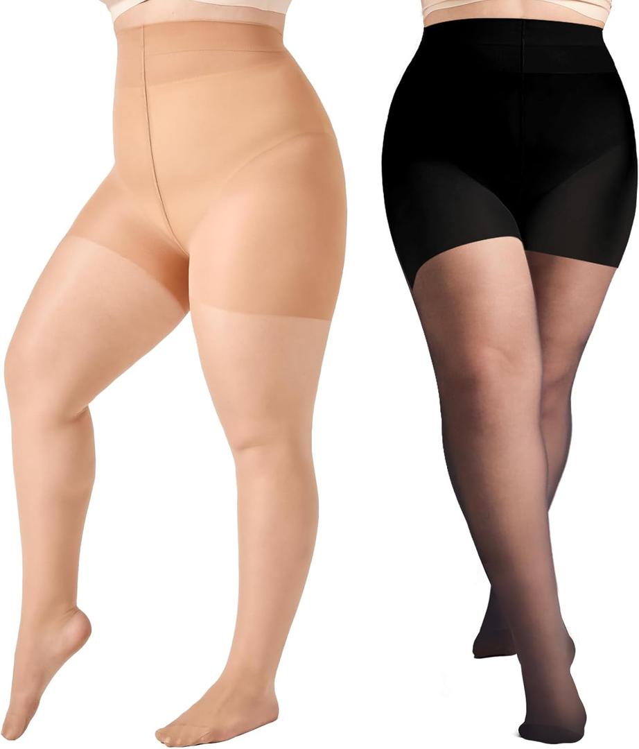 2 Pairs Plus Size Control Top Pantyhose Ultra-High Waist Tights 40D Sheer Shaping Support Stockings, (Black+Natural, 3XL-4XL)