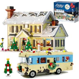 Snow Village& RV Building Set with LED Lights,2 in 1 Christmas Vacation Holiday House and Christmas Holiday Snow Village RV Gift (1726PCS)