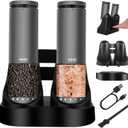 EIHO Electric Salt and Pepper Grinder Set USB Rechargeable, Upgraded External Adjustable Coarseness, Aluminum Alloy Automatic Salt and Pepper Shakers Mills with LED Light, House Warming Cooking Gifts (Charging Base-Space Gray Set)