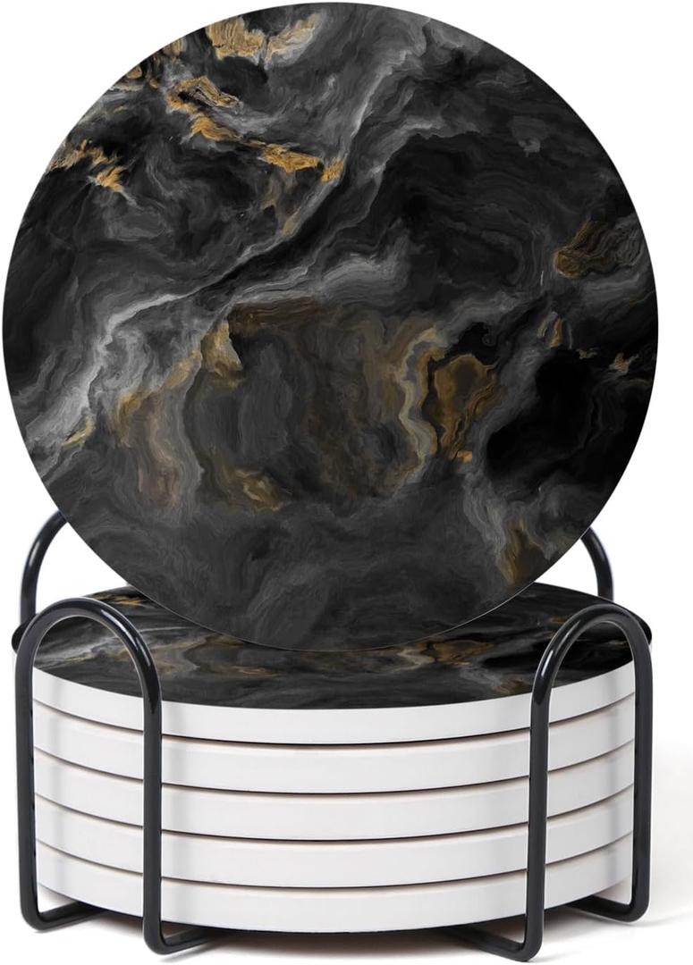 Set of 6 Abstract Black Marble Coasters with Holder, Absorbent Ceramic Coasters for Drinks, Coasters with Cork Backing for Table Protection, Housewarming Gifts for New Home