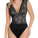 Popilush Lace Tops for Women Thong Shapewear Bodysuit Tummy Control Going Out Tops Deep V Neck Body Suits, Small