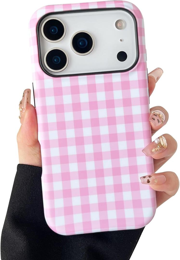 Compatible with iPhone 17 Pro Max Case, Cute Simple Checkered Phone Case for Women, Shockproof Slim Soft TPU and Hard PC Protective Cover Compatible with iPhone 17 Pro Max 6.9", Pink