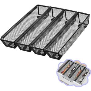 4PCS Drawer Organizer for Kitchen,Utensil Mesh Drawer Organizer with Interlocking Arm for Cosmetic,Flatware,Pen (12 * 3 * 2 Inches,Black)
