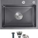 25x18x9 Inch Drop in Kitchen Sink, Handmade 304 Black Stainless Steel Single Bowl, Topmount with 2 Holes, R10 Tight Corner, for Modern Kitchen/RV/Outdoor Sink