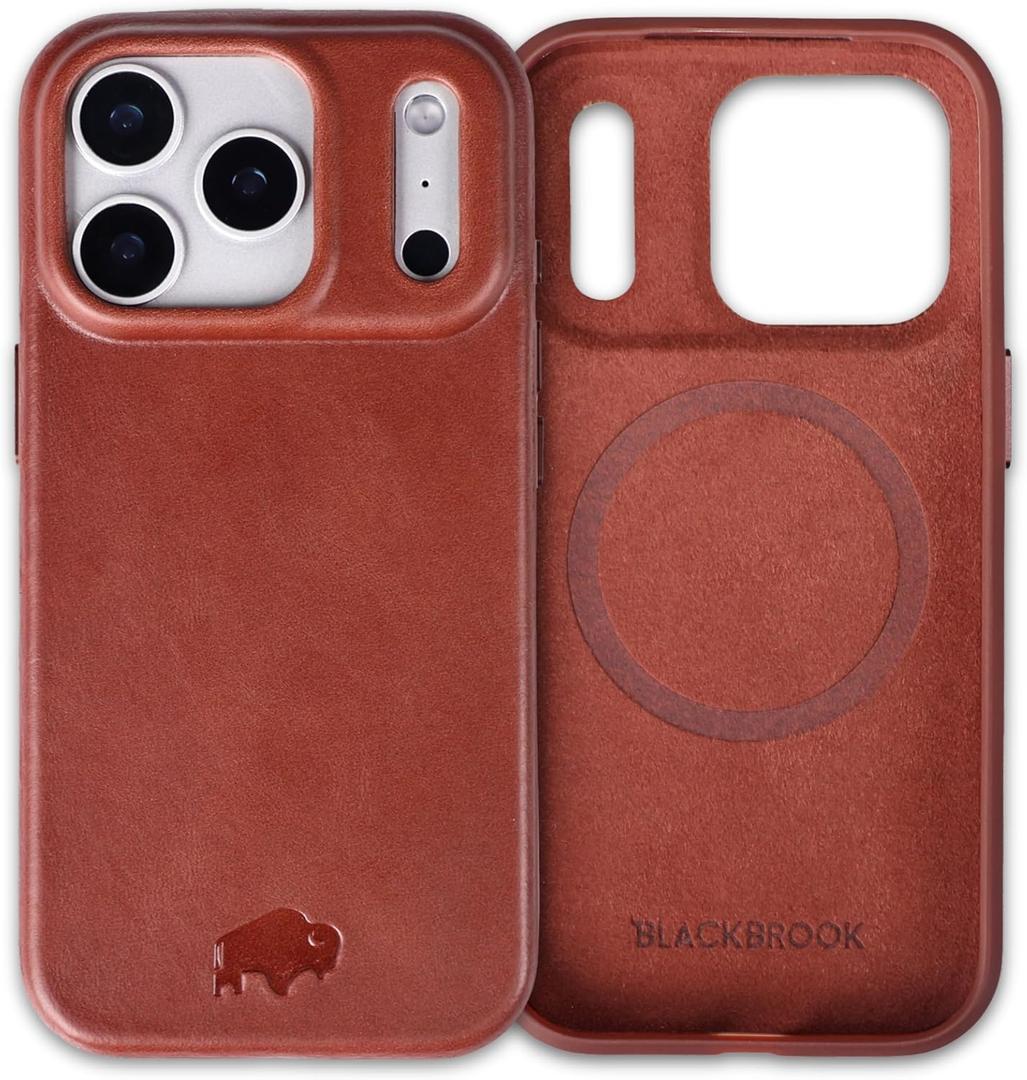 BLACKBROOK Leather Case for iPhone 17 Pro  Harlan Handcrafted Snap-On Cover, Full Grain Leather with TPU Bumper, MagSafe Compatible, Touch Glass Camera Button, Luxury Gift Box Brown