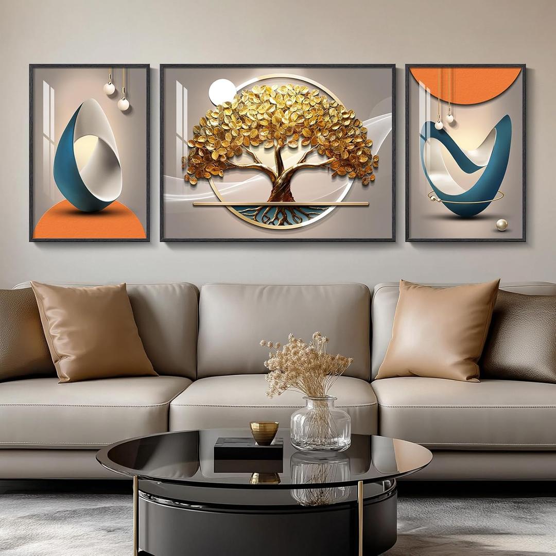 Large Framed Modern Luxury Large Wall Art for Living Room, Set of 3 Bright Style Abstract Paintings Artwork for Walls, Contemporary Big Art Prints Pictures for Hallway Bedroom Dining Room Office Wall Decor (24" H x 64" W (Total Size), Golden Tree)