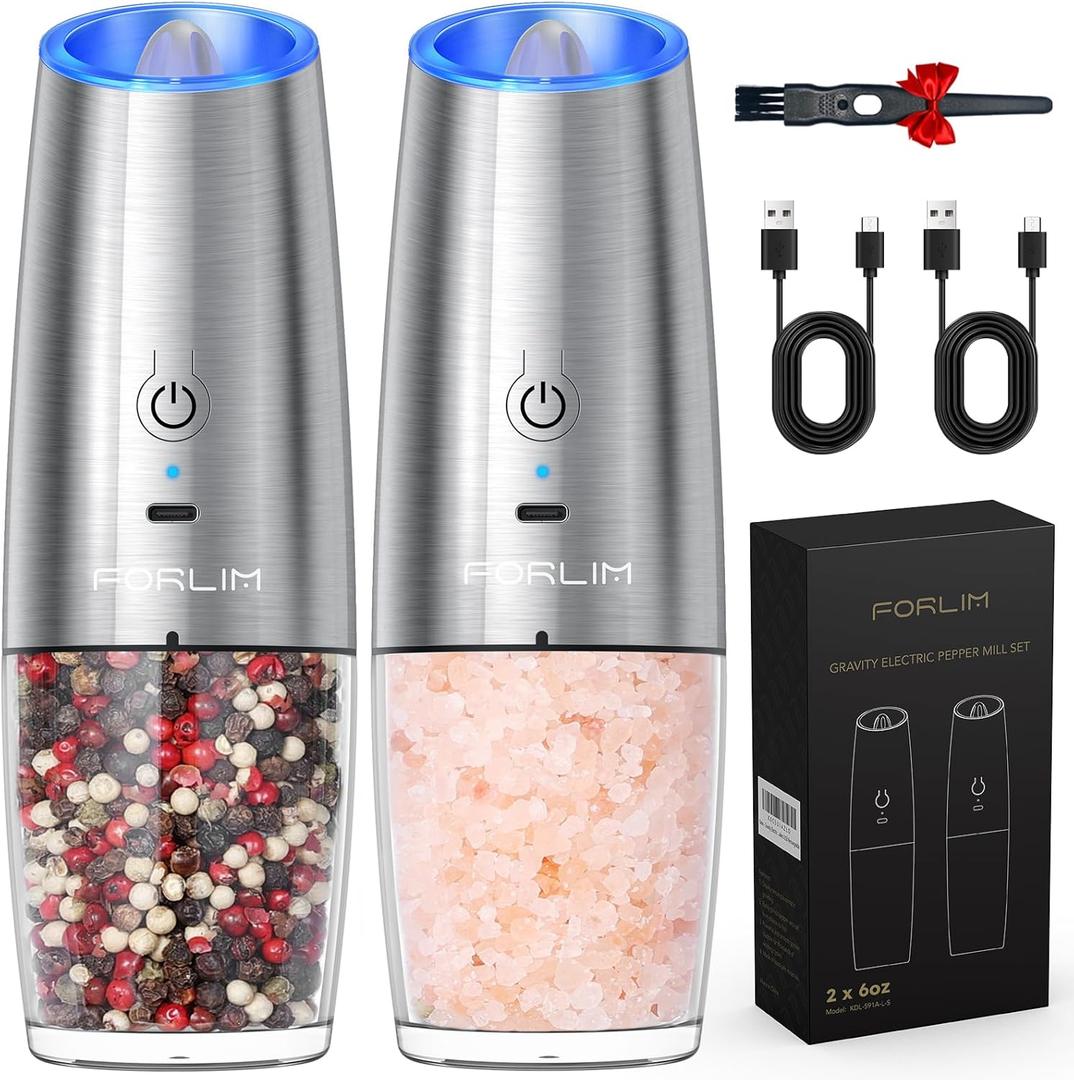 FORLIM Gravity Electric Salt and Pepper Grinder Set, USB Rechargeable 9oz Large Capacity Salt Grinder, Automatic One-Click Grinding One Hand Operated Adjustable Coarseness Pepper Mill(Silver) (XL)