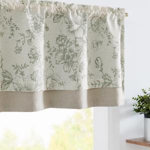 jinchan Linen Floral Valance Double Layer Kitchen Window Curtain Green Flower on Beige Valance for Living Room Cafe Farmhouse Light Filtering Rustic French Country Sage 18 Inch Rod Pocket 1 Panel