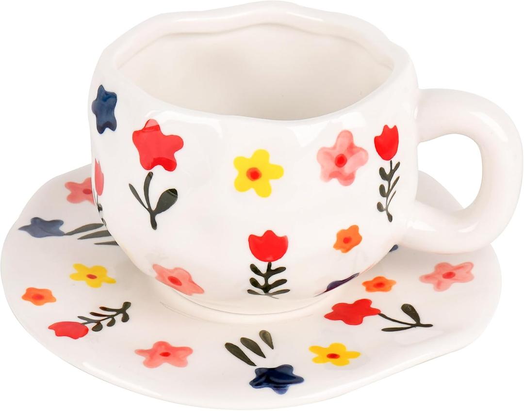 Floral Ceramic Coffee Mug with Saucer - 10oz Chunky Handle Tea Cup, Cute Irregular Pinch Pottery for Latte Cappuccino (White/Colorful Flowers)