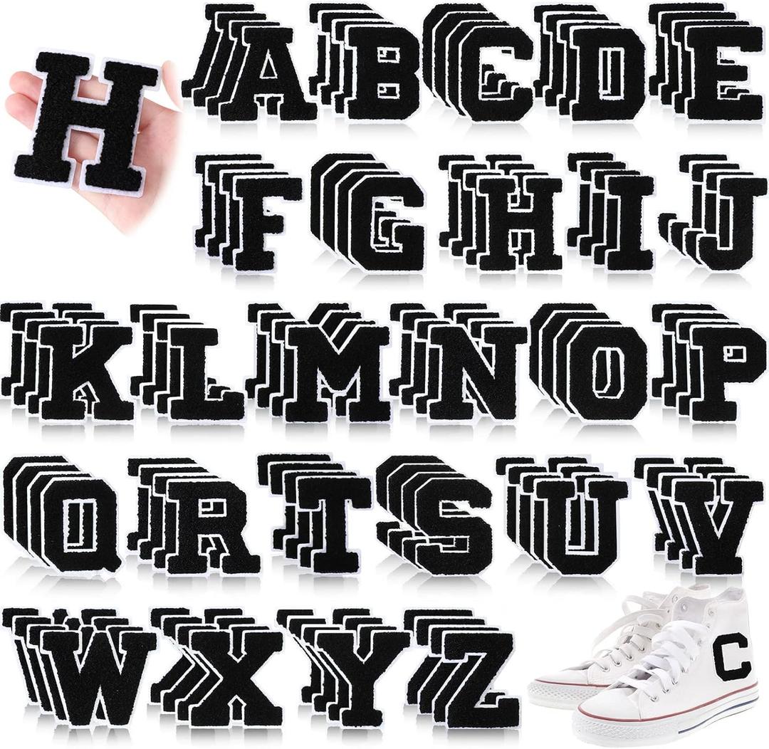 104 Pcs Chenille Letters Patches Iron on Large 3.2 H x 2.4 W College Letters Patches Embroidered Trimmed Preppy Alphabet for Clothing Repairing(White, Black)