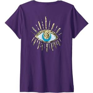Womens devil's eye sequin print V-Neck T-Shirt (Small, Black)