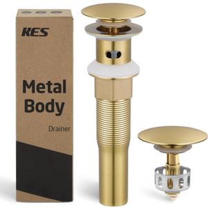 KES All Metal Bathroom Sink Drain with Strainer Basket Hair Catcher Anti Clog Pop Up Drain Stopper for Vanity Vessel Sink with Overflow, Rustproof 18/8 Stainless Steel Brushed Gold, S2013A-BZ