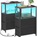 TUTOTAK Small Narrow LED End Table with Charging Station, Side Table Outlets, Nightstand with 2 Cloth Drawers, Set of 2, Couch Table, for Living Room, Bedroom, Bedside, Charcoal Grey TB01BY056