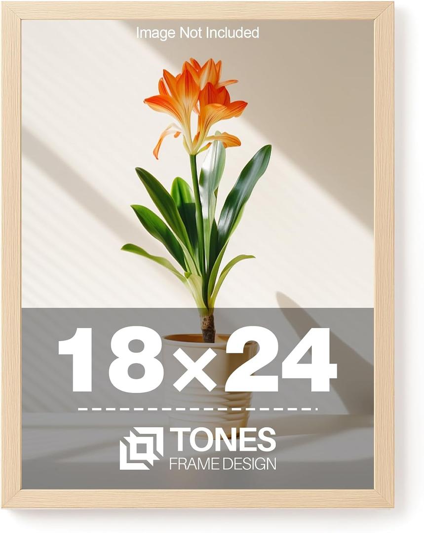 TONES FRAME DESIGN 18x24 Frame Natural Solid Wood Veneer 18 x 24 Poster Frame with Shatterproof Plexiglass, Wall Hanging Modern Wooden Picture Frames 24x18 for Home Office Decor