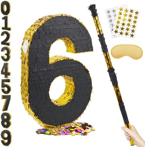 PCFING 20 Inch Number 6 Piñata Gold Black with 30 Inch Piñata Stick Blindfold Confetti for Man Women Kids Birthday Party Decorations, Anniversary Celebration, Fiesta