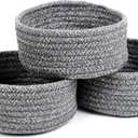Small Basket, Set of 3 Small Woven Basket, Rope Baskets for Gifts, Cute Mini Tiny Baskets for Organizing Decor Nursery, Decorative Boho Round Storage Basket Bathroom Organization Bin (Grey)