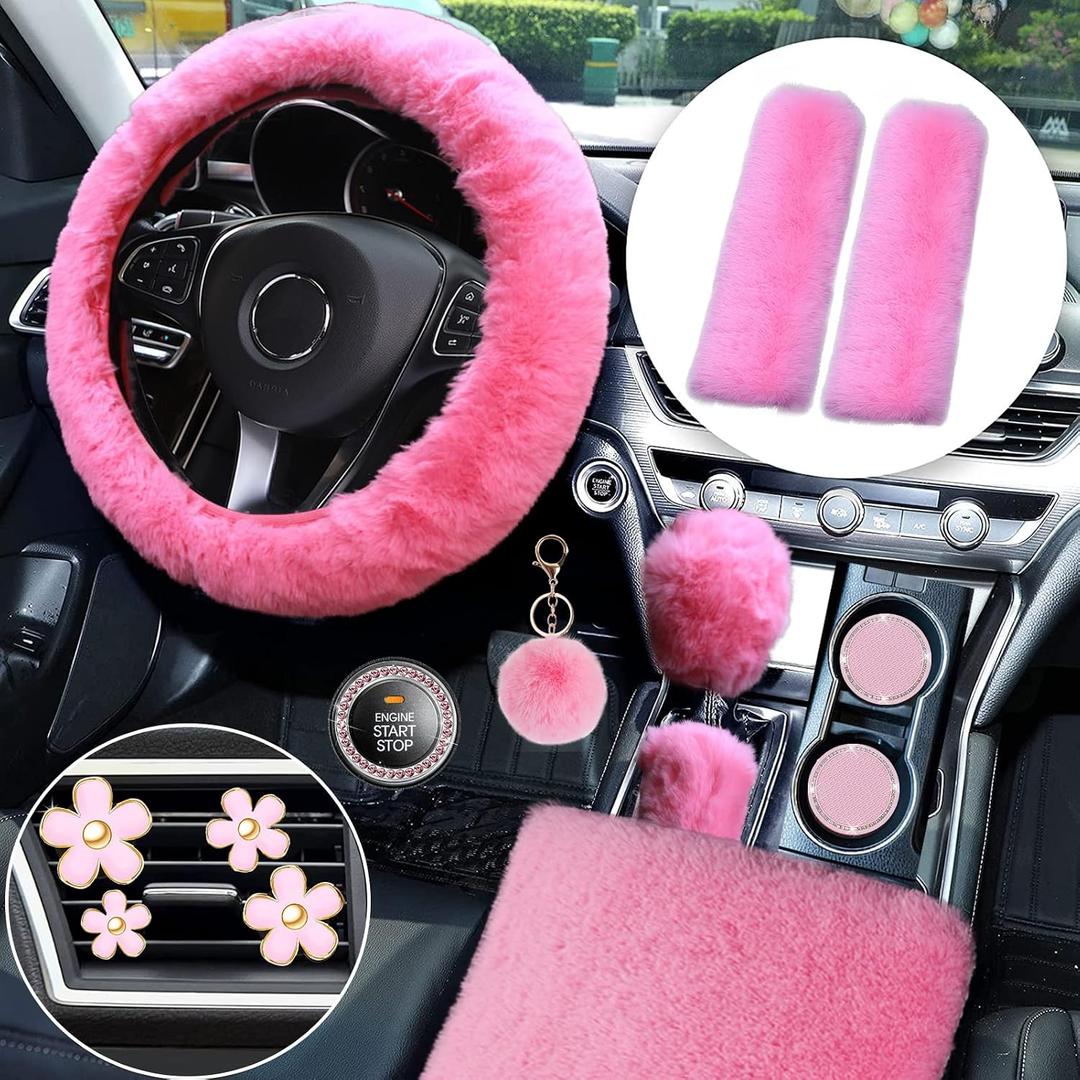14-Pack Fluffy Car Accessories Set,Silence Shopping Fluffy Steering Wheel Cover Winter Warm Fur Steering Wheel Cover Short Hair Car Decoration Accessories for Women Girls (Pink)