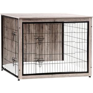 DWANTON Dog Crate Furniture with Cushion, Wooden Kennel Table with Double Doors, Indoor Dog House, Extra Large Size, 43.3" L, Greige