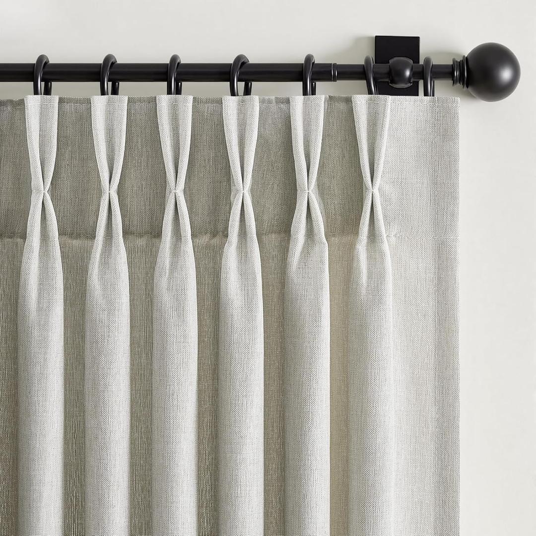 90 Inches Long Semi Sheer Light Grey Linen Curtains for Bedroom,Pinch Pleat Privacy Curtains,Viral Farmhouse Modern Lined Track Drapes 2 Panels Set for Sliding Door Winter