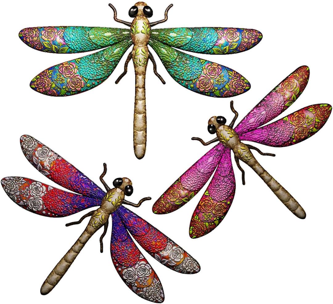 3pcs Metal Dragonfly Garden Art Decorations, Outdoor Hanging Wall Decor Sculptures for Home Garden Yard Patio Window