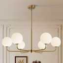 Gold Sputnik Chandelier 6-Light Mid Century Pendant for Dining Room | Mid century gold sputnik chandelier with frosted glass shades, G9 socket, adjustable hanging height for dining, kitchen,