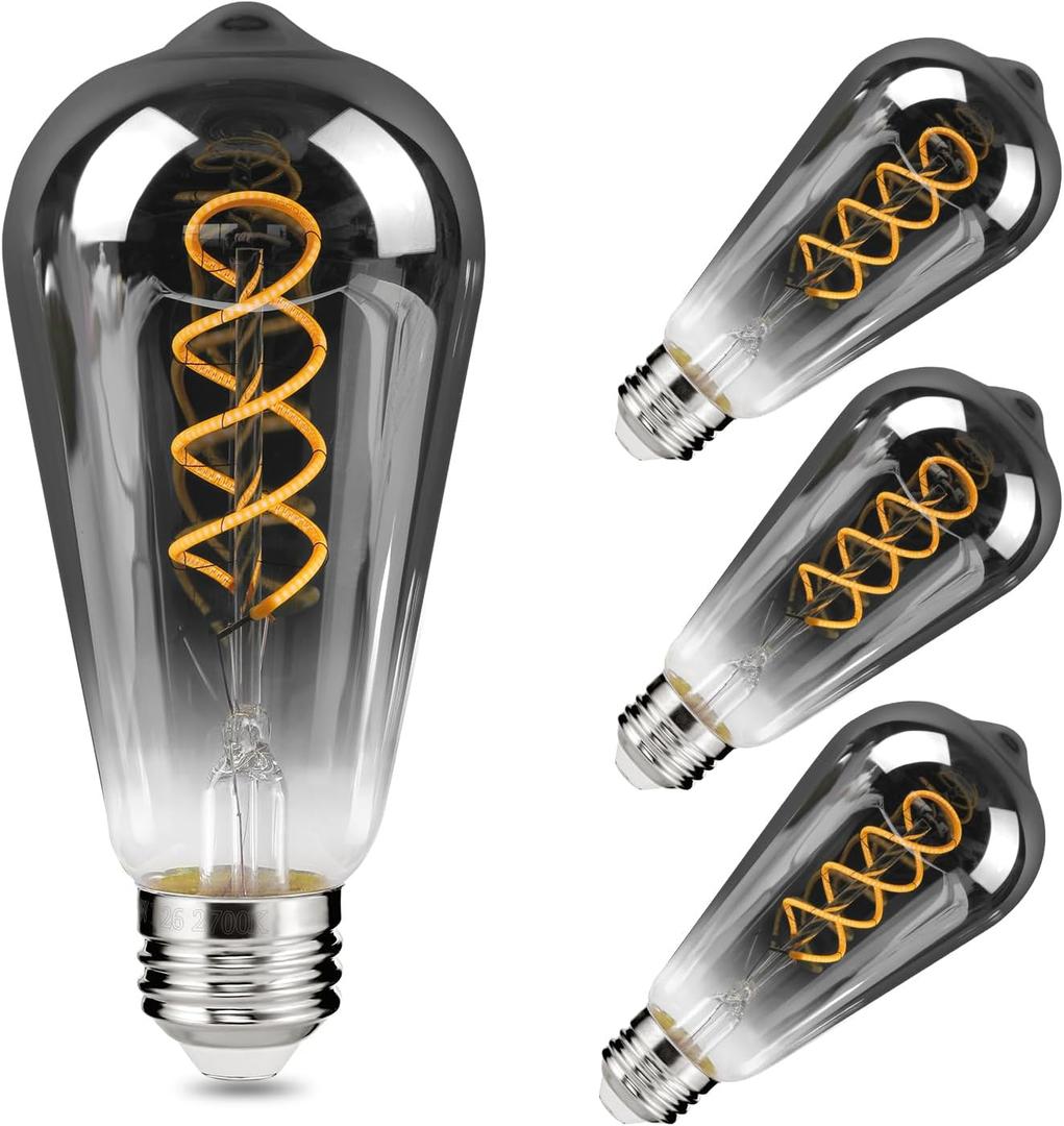E26 ST64 Vintage Edison Light Bulbs, Smoky Grey Coated Glass, Dimmable, 4W(20W Equivalent) 200 Lumin, 2700K Soft White, Spiral Filaments Design, Antique Style, 25000 Hrs, 4-Pack